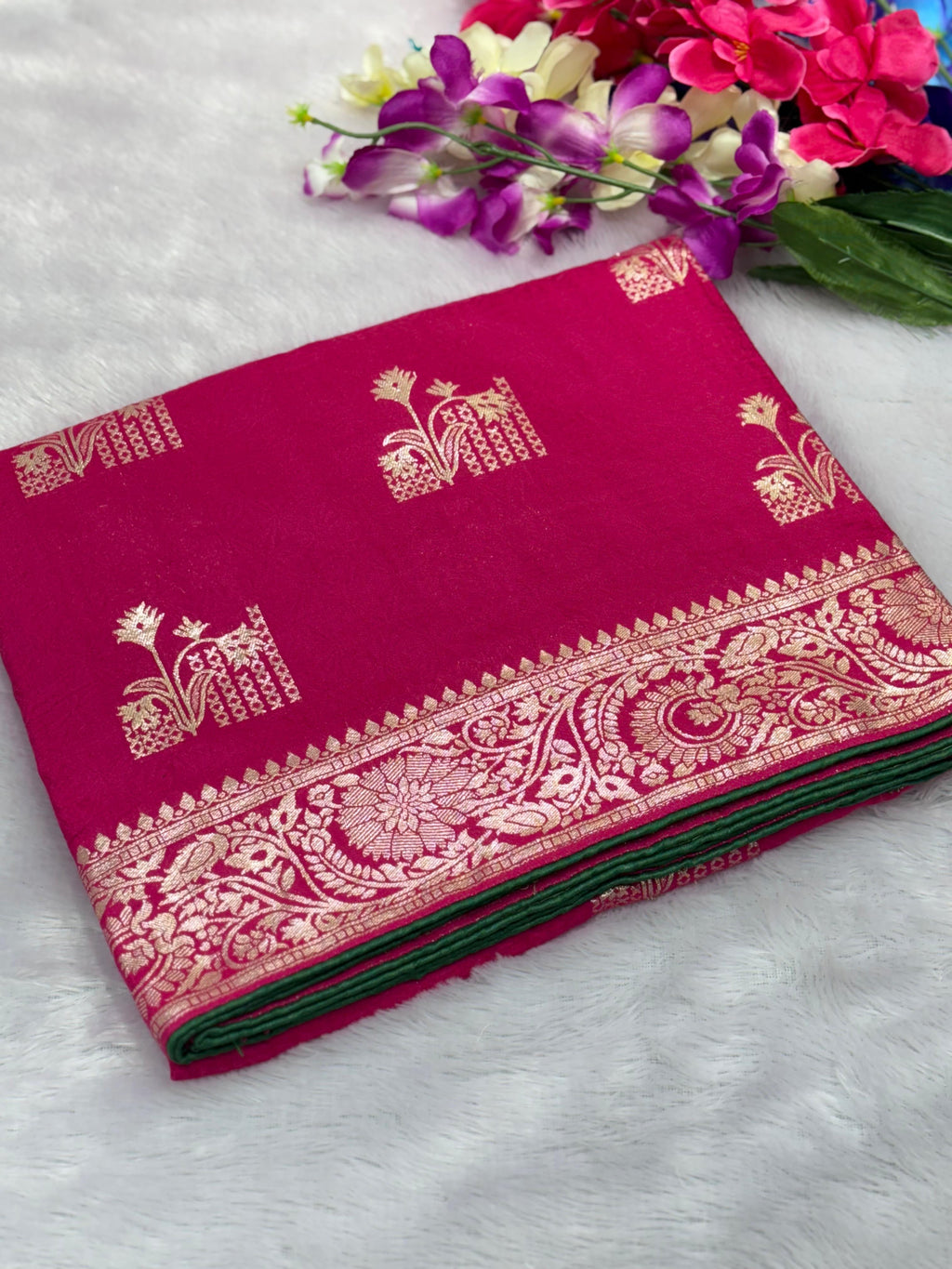 Pink Viscose Muslin Saree with Floral Zari Weave and Contrast Piping