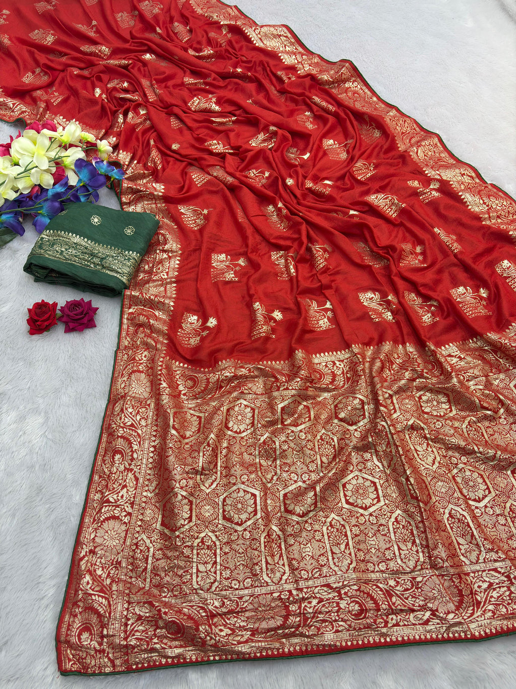 Red Viscose Muslin Saree with Floral Zari Weave and Contrast Piping