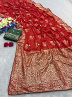 Red Viscose Muslin Saree with Floral Zari Weave and Contrast Piping