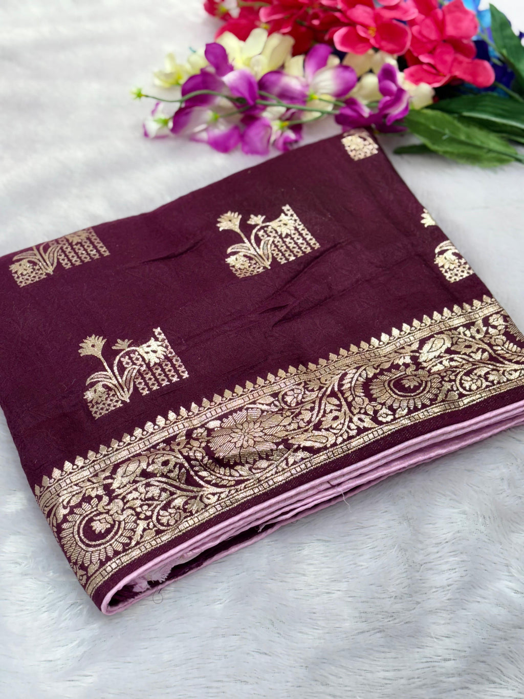 Wine Viscose Muslin Saree with Floral Zari Weave and Contrast Piping