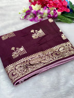 Wine Viscose Muslin Saree with Floral Zari Weave and Contrast Piping