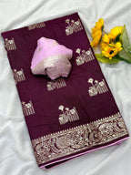 Wine Viscose Muslin Saree with Floral Zari Weave and Contrast Piping