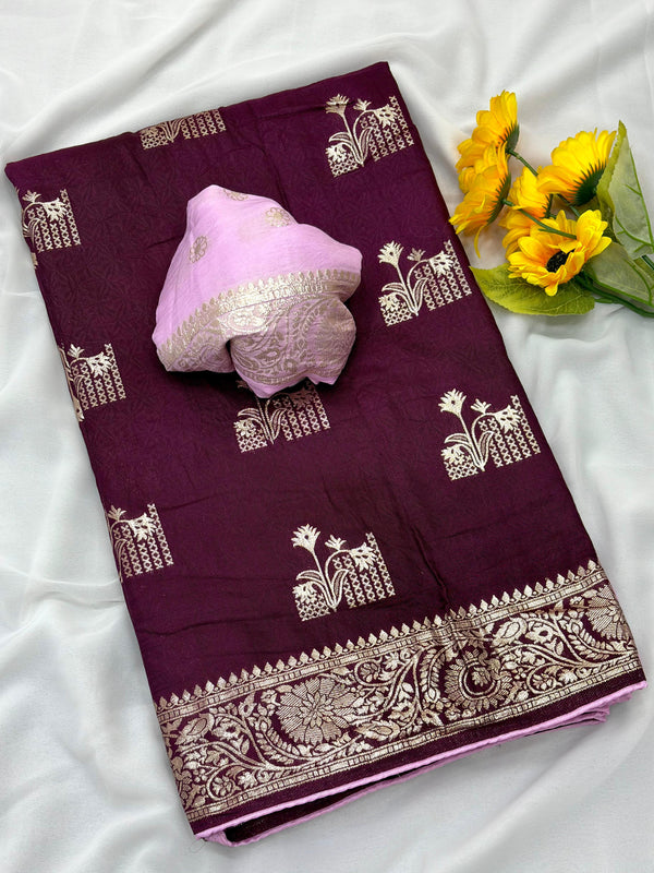 Wine Viscose Muslin Saree with Floral Zari Weave and Contrast Piping
