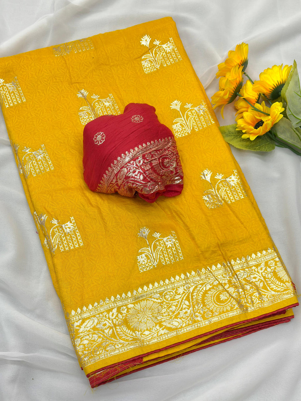 Yellow Viscose Muslin Saree with Floral Zari Weave and Contrast Piping