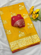 Yellow Viscose Muslin Saree with Floral Zari Weave and Contrast Piping