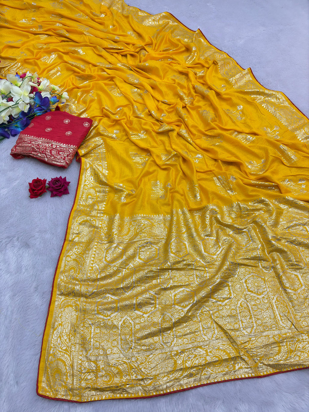 Yellow Viscose Muslin Saree with Floral Zari Weave and Contrast Piping