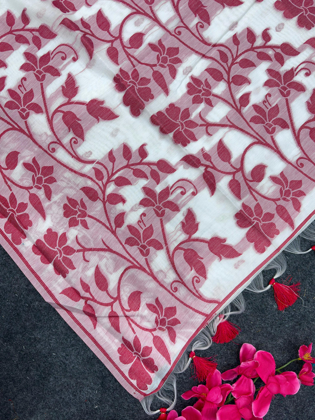 Soft Muga Silk Saree with Red & White Resham Thread Weave