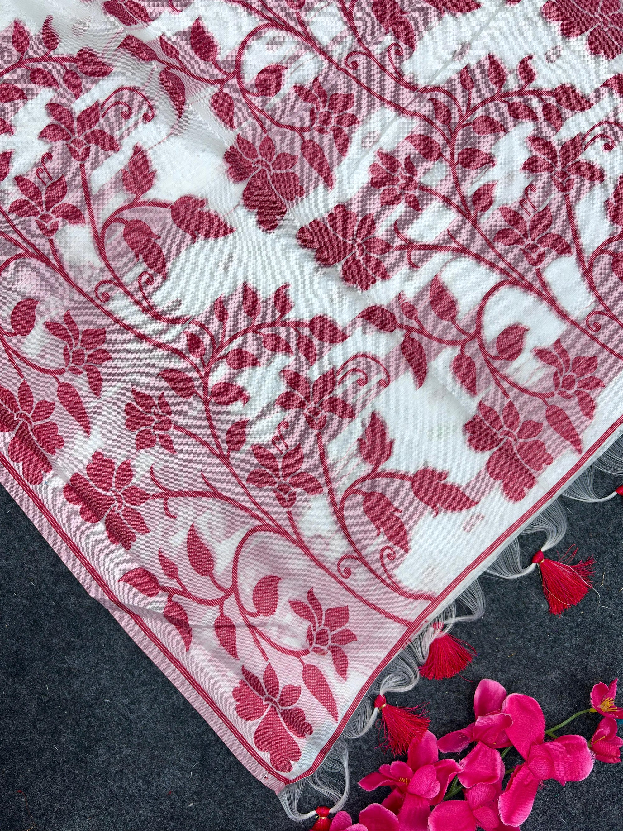 Soft Muga Silk Saree with Red & White Resham Thread Weave