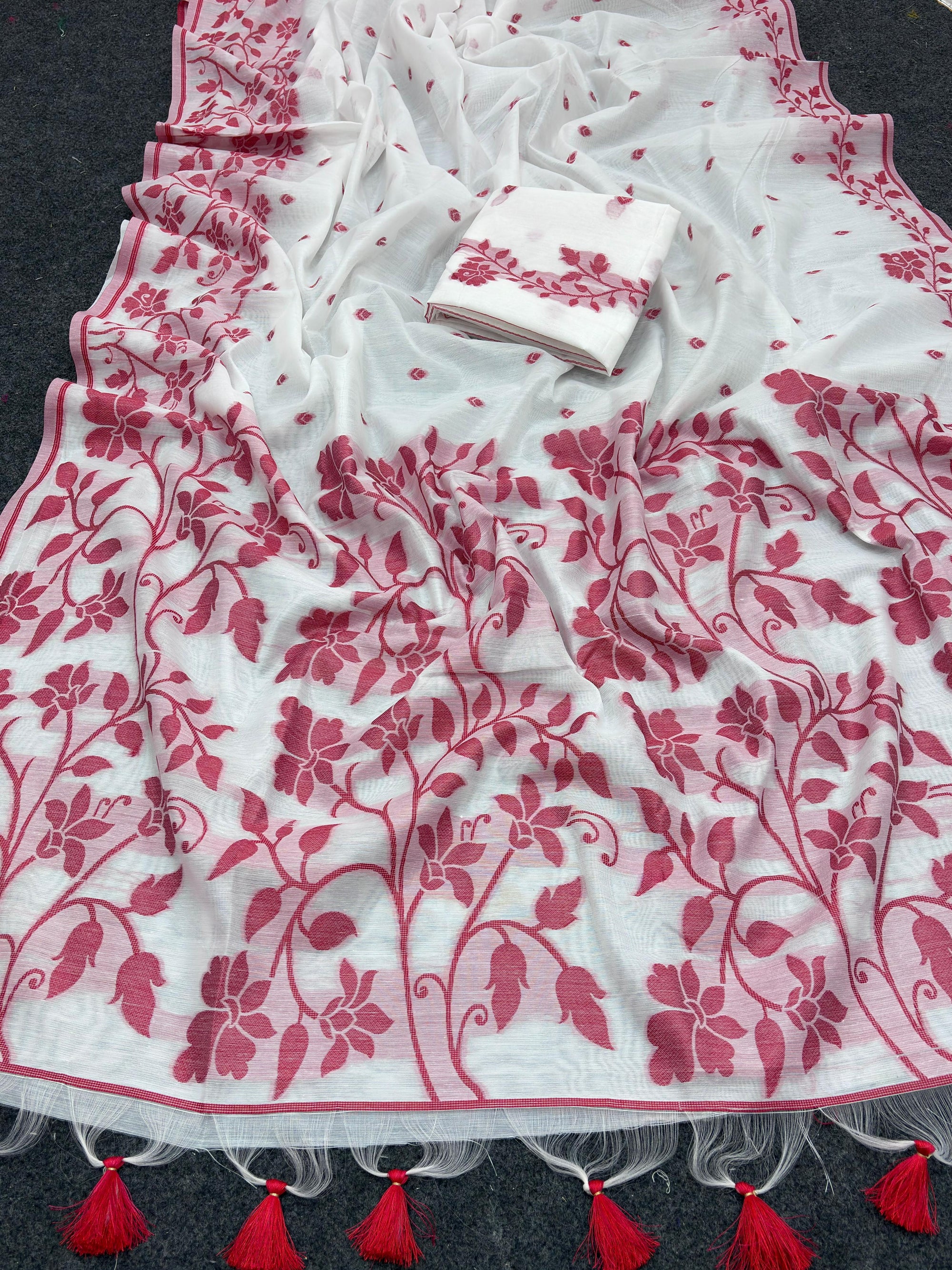 Soft Muga Silk Saree with Red & White Resham Thread Weave
