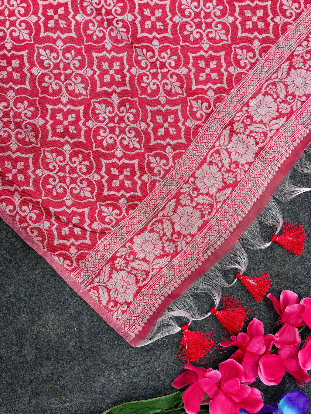 Soft Muga Silk Saree with Red & White Resham Weave Rich Pallu and Elephant Weave Border