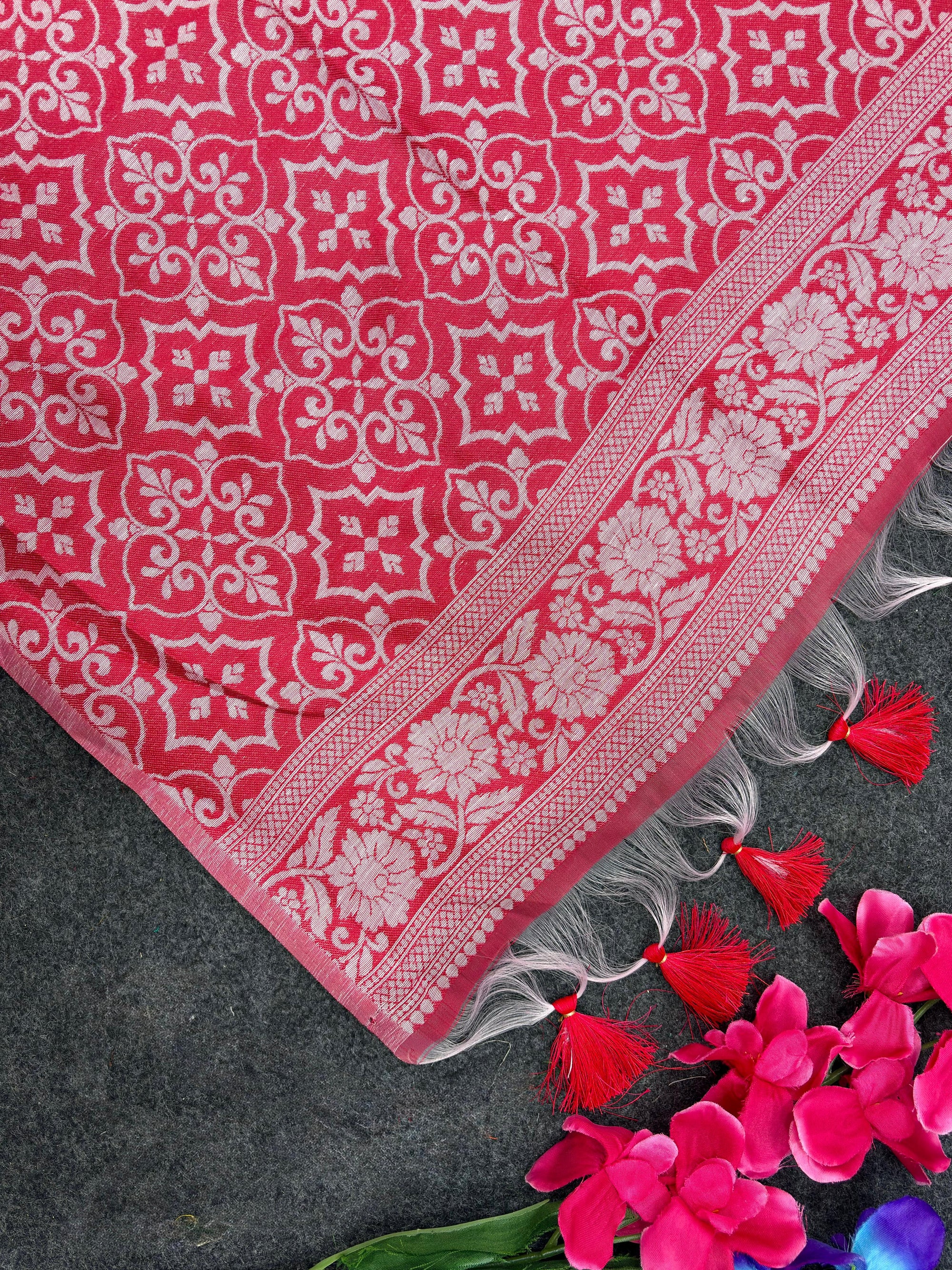 Soft Muga Silk Saree with Red & White Resham Weave Rich Pallu and Elephant Weave Border