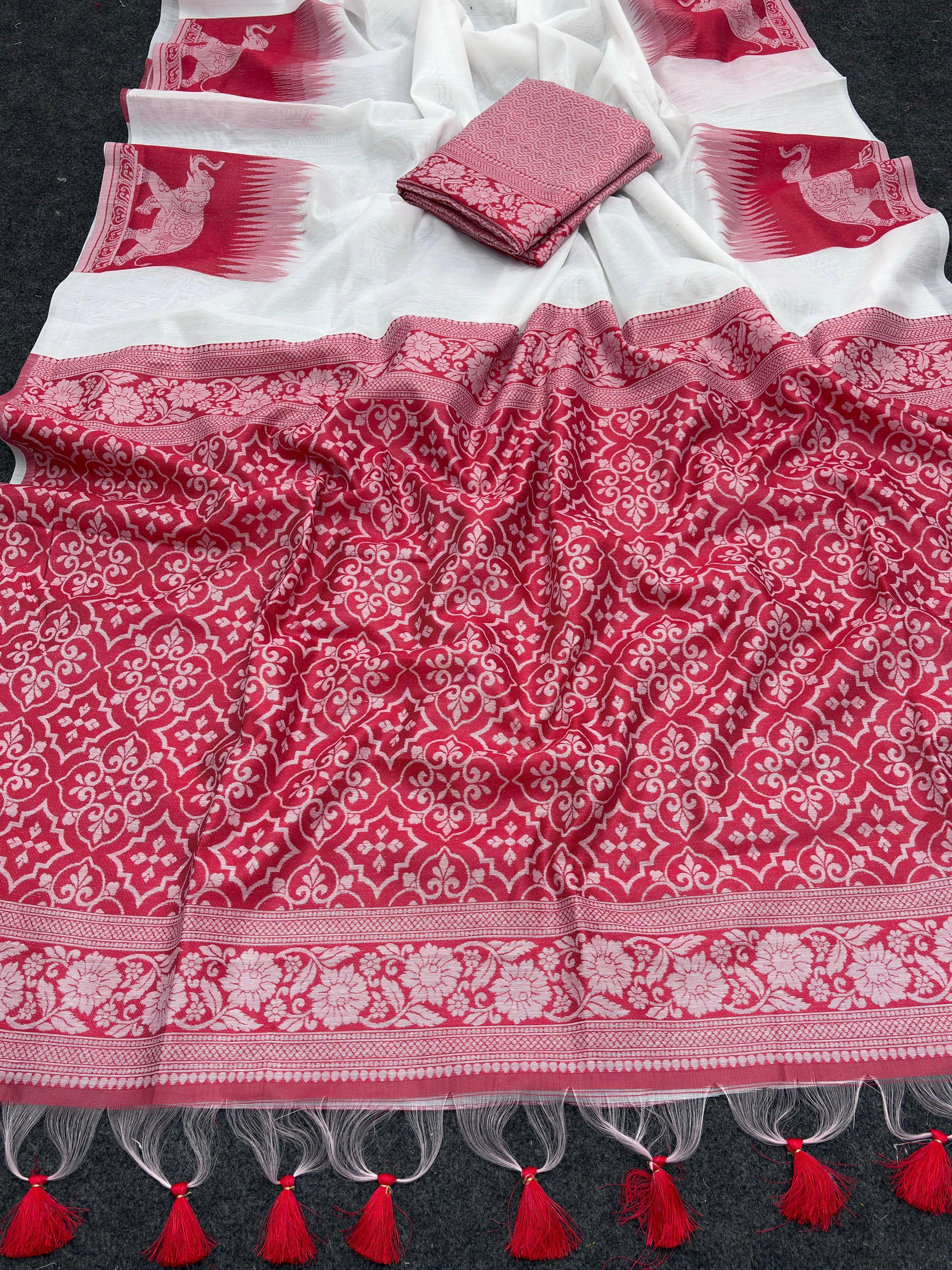 Soft Muga Silk Saree with Red & White Resham Weave Rich Pallu and Elephant Weave Border