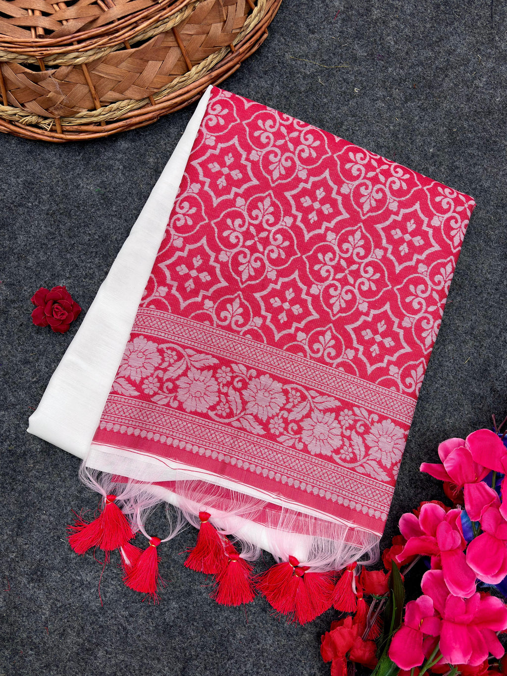 Soft Muga Silk Saree with Red & White Resham Weave Rich Pallu and Elephant Weave Border