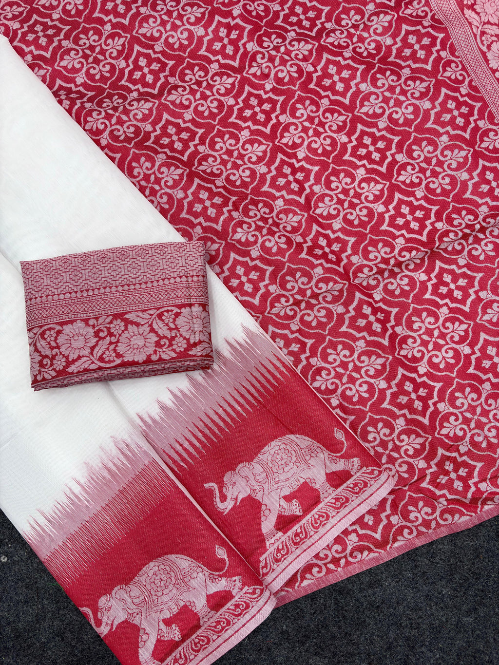 Soft Muga Silk Saree with Red & White Resham Weave Rich Pallu and Elephant Weave Border