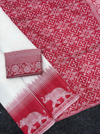 Soft Muga Silk Saree with Red & White Resham Weave Rich Pallu and Elephant Weave Border