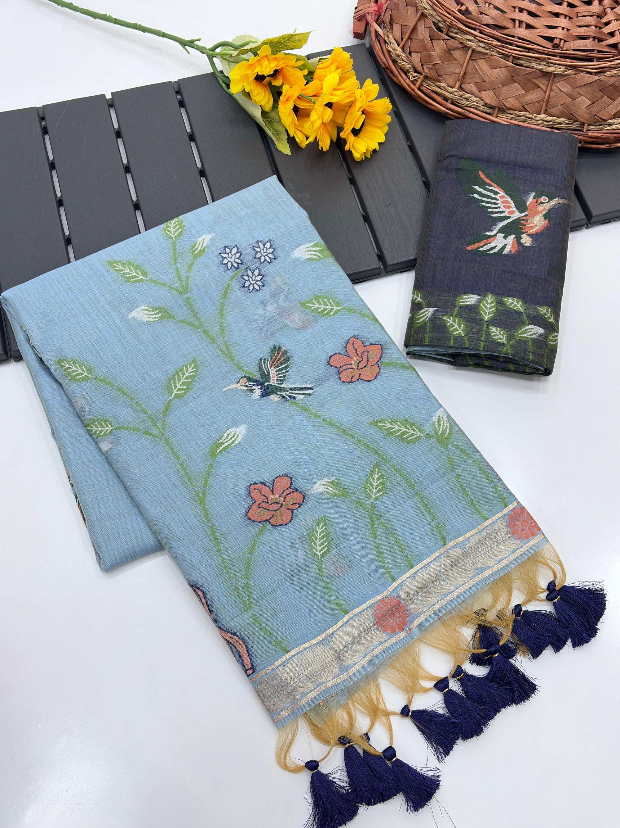 Blue Pure Muga Silk Saree with Animal Weave