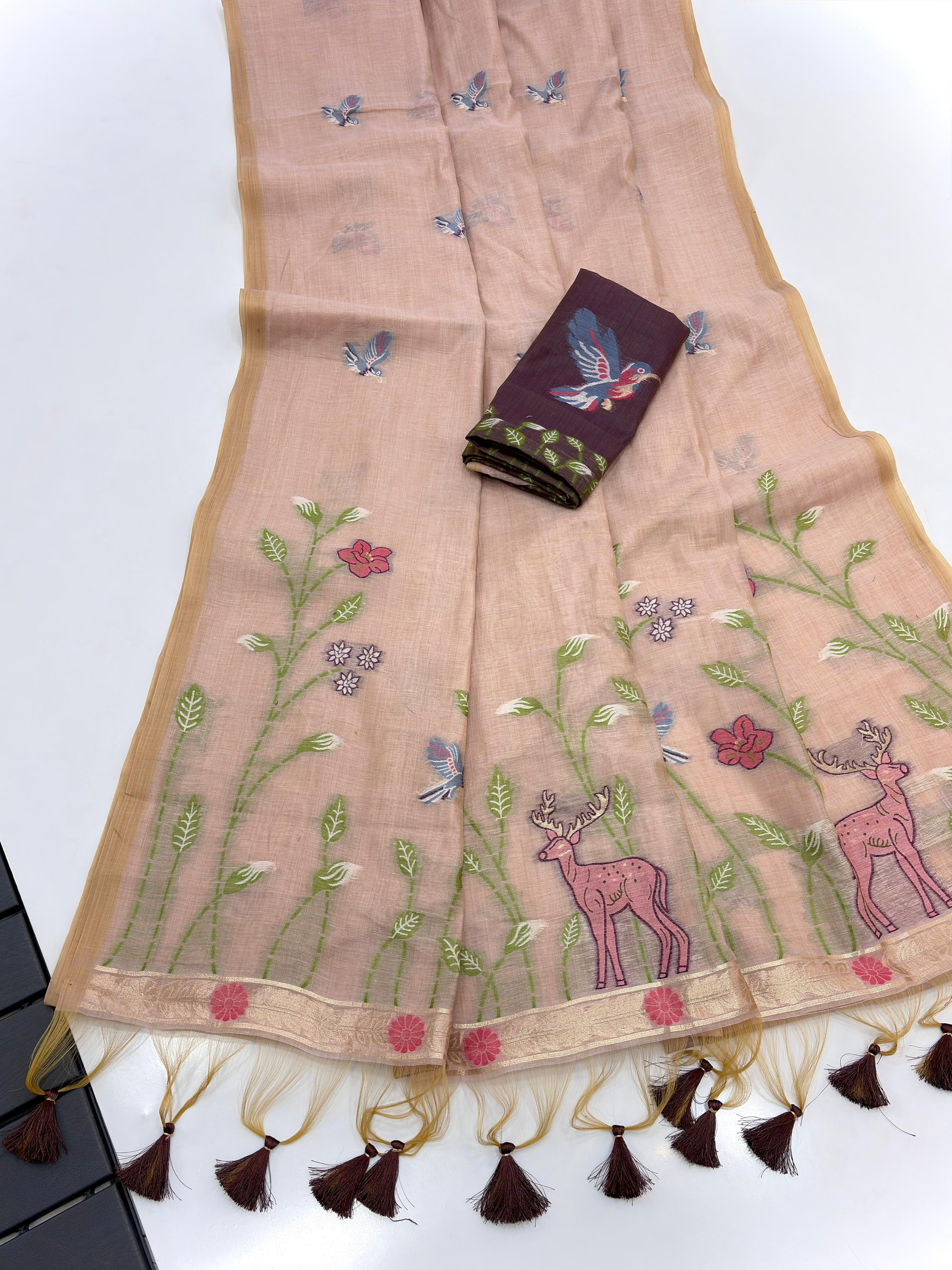 Peach Pure Muga Silk Saree with Animal Weave