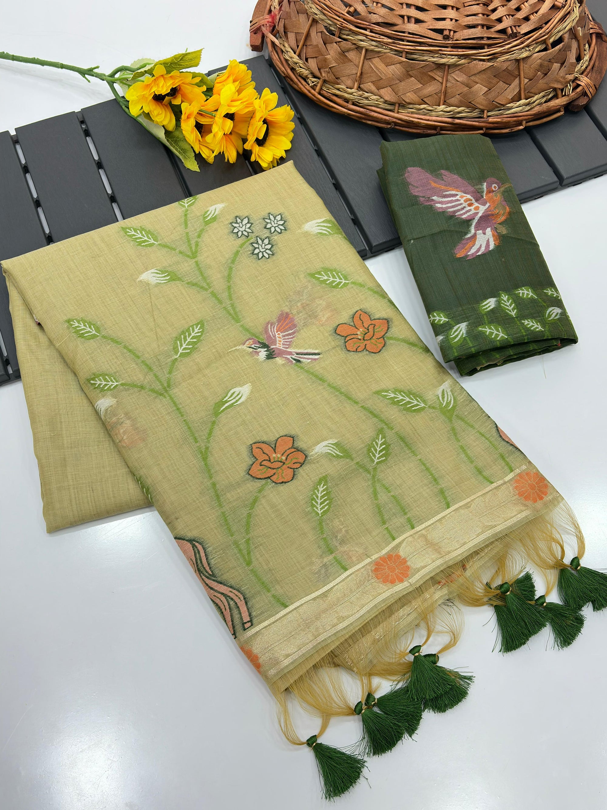 Green Pure Muga Silk Saree with Animal Weave