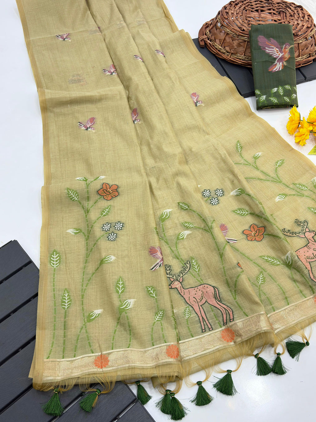 Green Pure Muga Silk Saree with Animal Weave