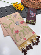 Peach Pure Muga Silk Saree with Animal Weave