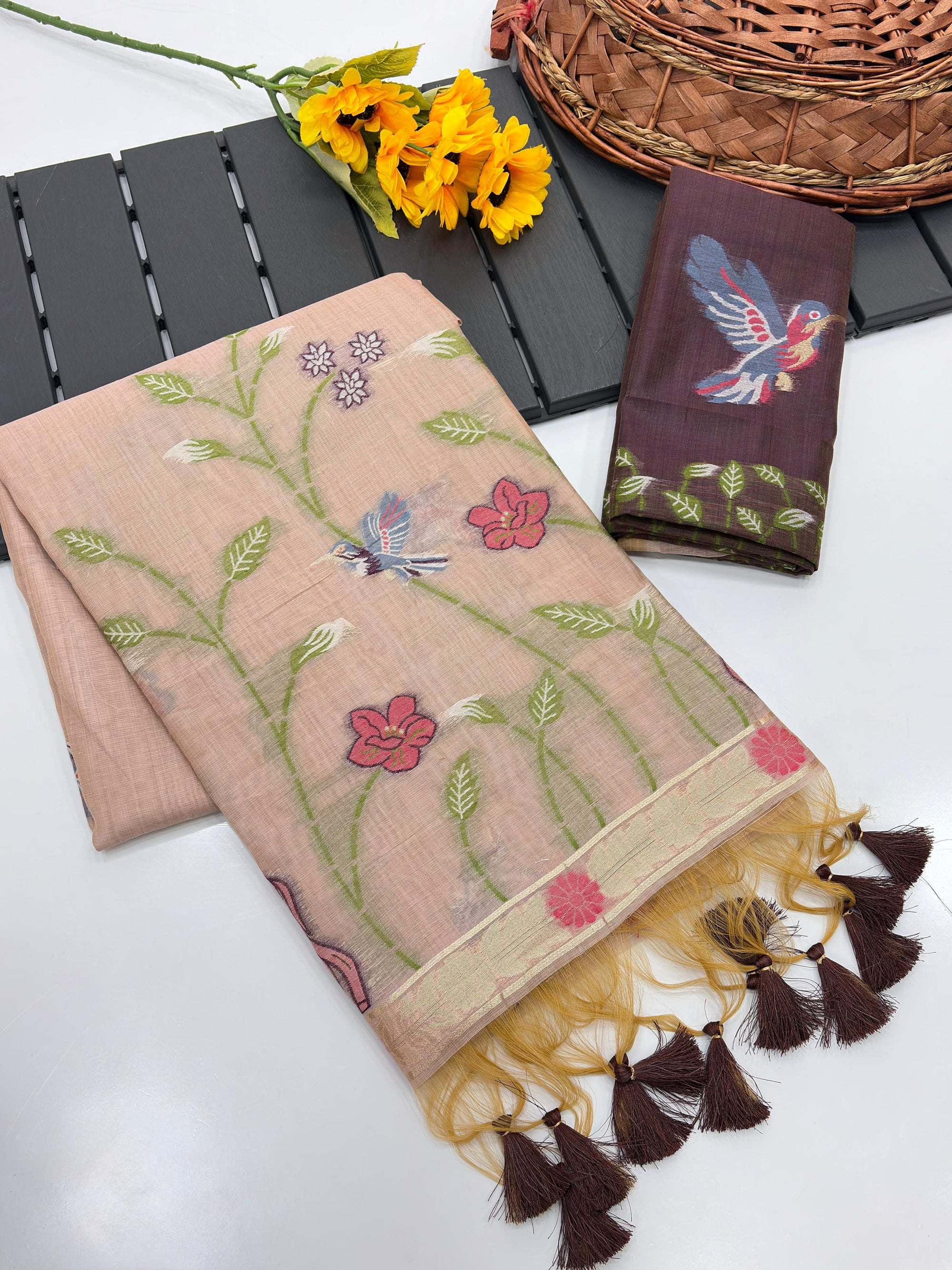 Peach Pure Muga Silk Saree with Animal Weave