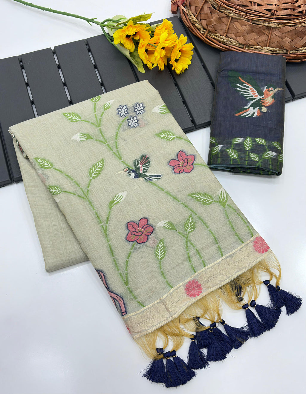 Ivory Pure Muga Silk Saree with Animal Weave