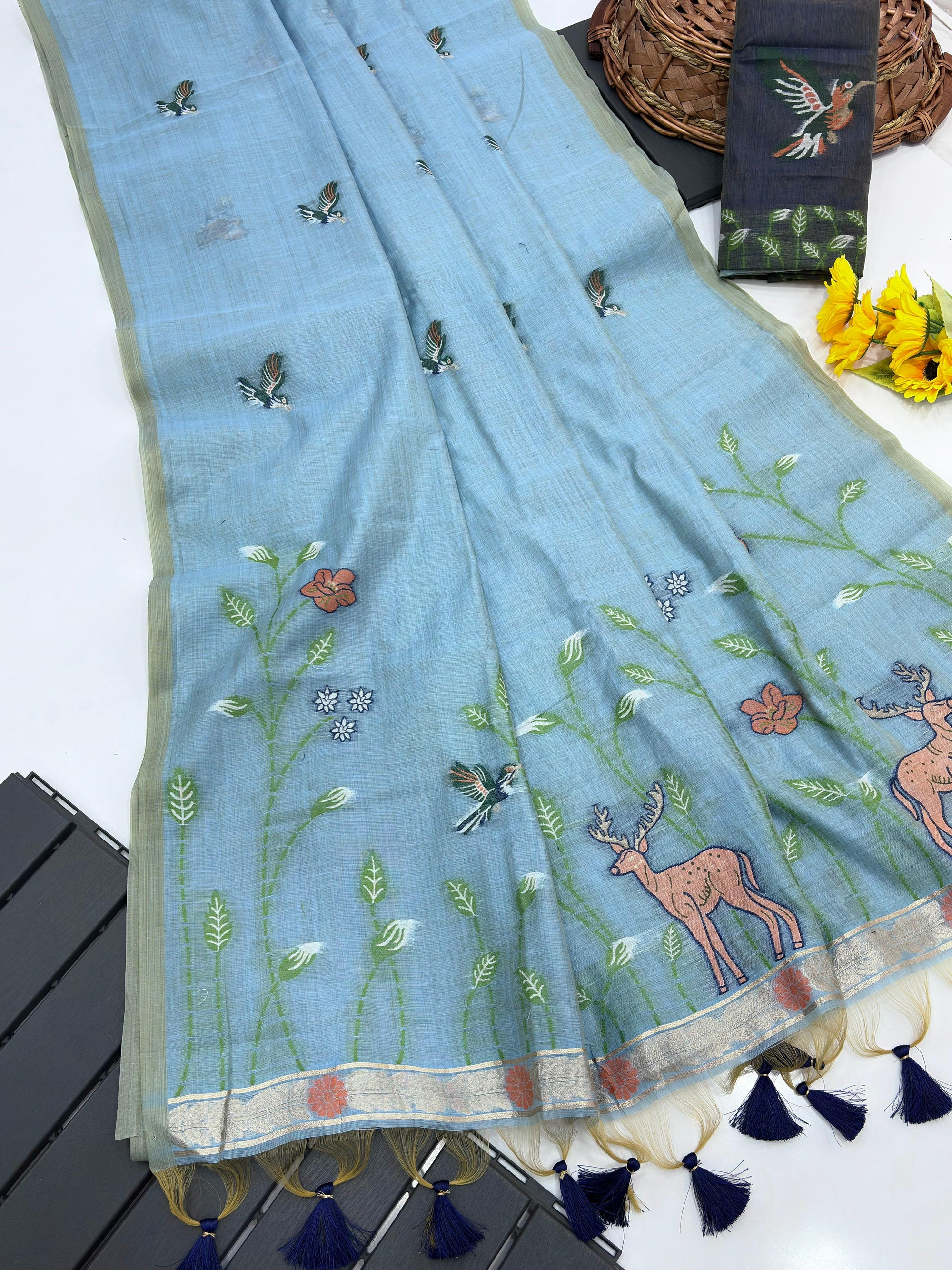 Blue Pure Muga Silk Saree with Animal Weave