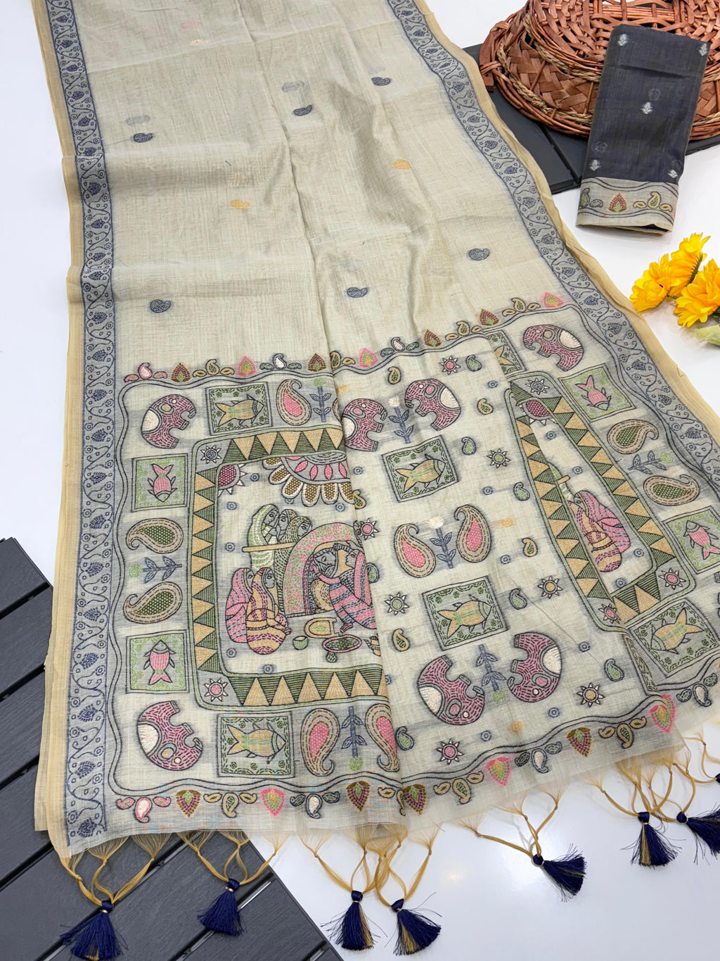 Ivory Pure Muga Silk Saree with Madhubani Weave