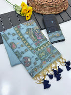 Blue Pure Muga Silk Saree with Madhubani Weave