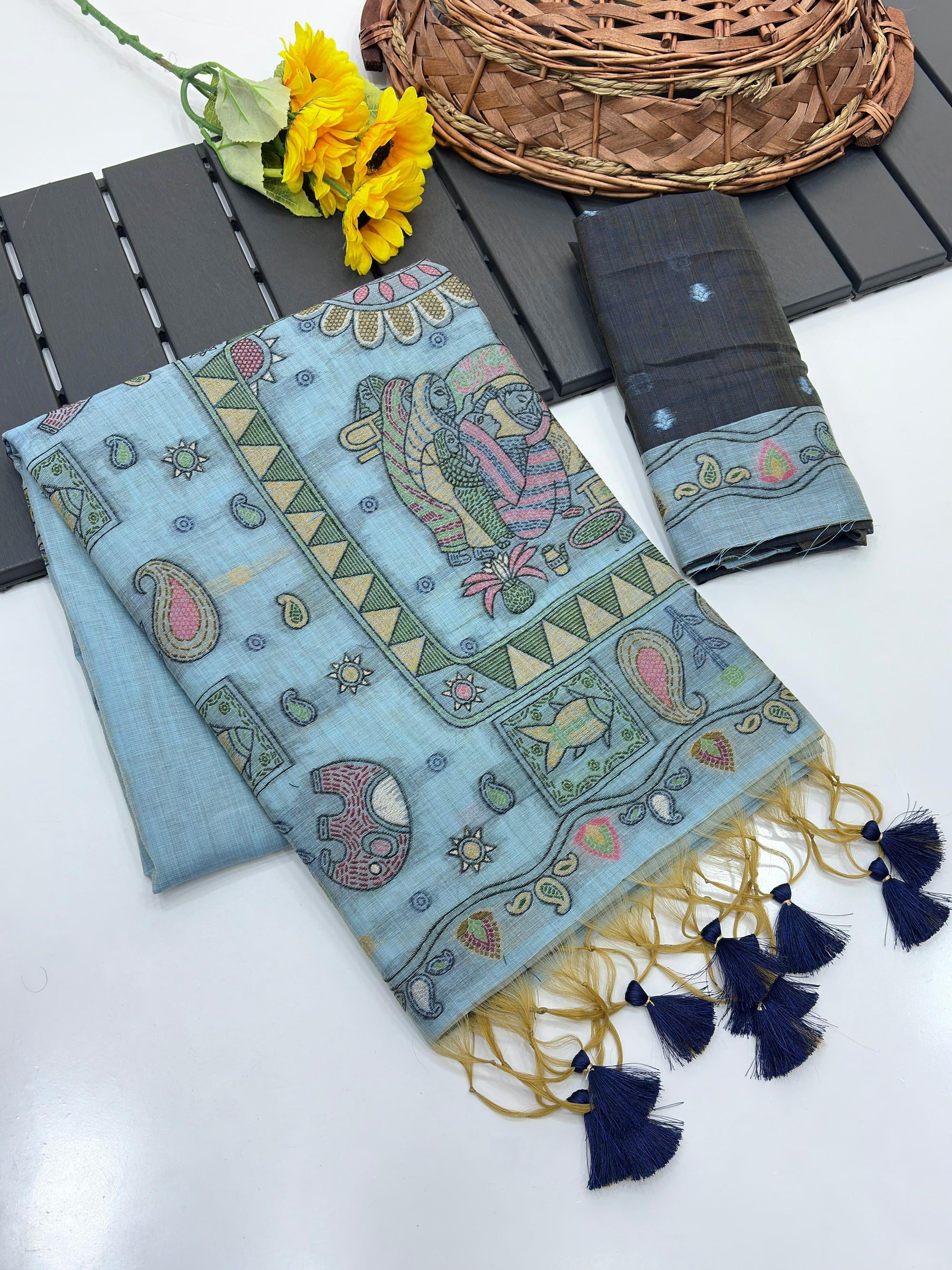 Blue Pure Muga Silk Saree with Madhubani Weave