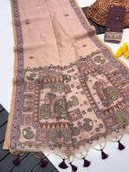 Peach Pure Muga Silk Saree with Madhubani Weave