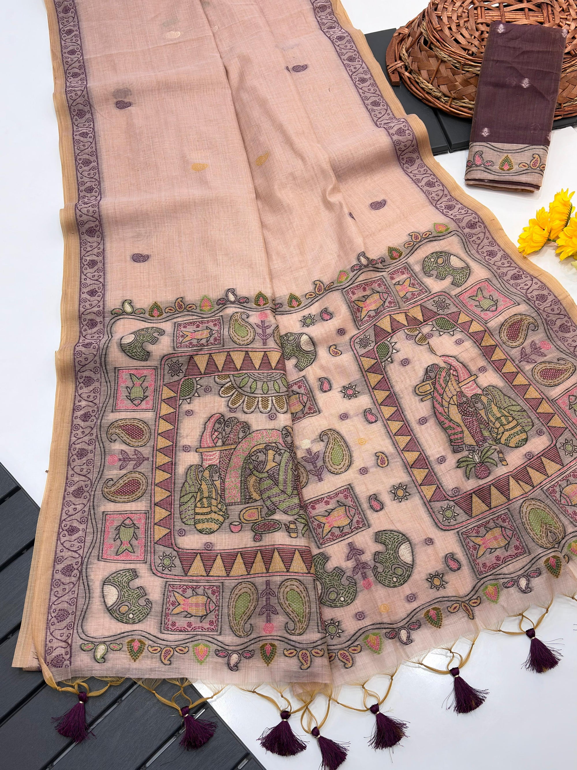 Peach Pure Muga Silk Saree with Madhubani Weave