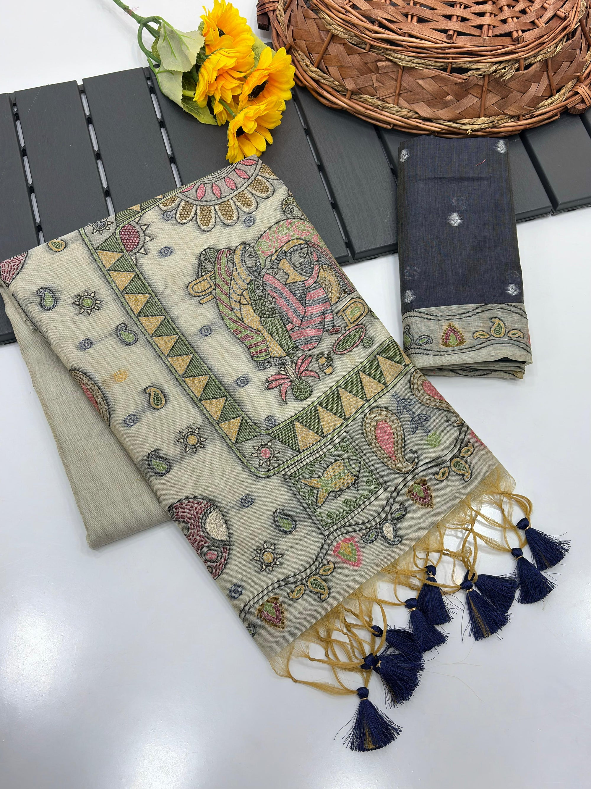 Ivory Pure Muga Silk Saree with Madhubani Weave