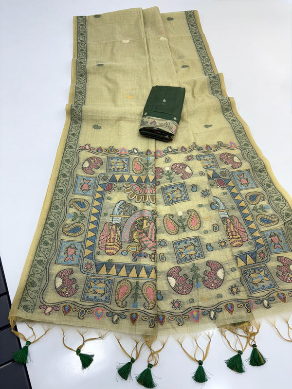 Green Pure Muga Silk Saree with Madhubani Weave
