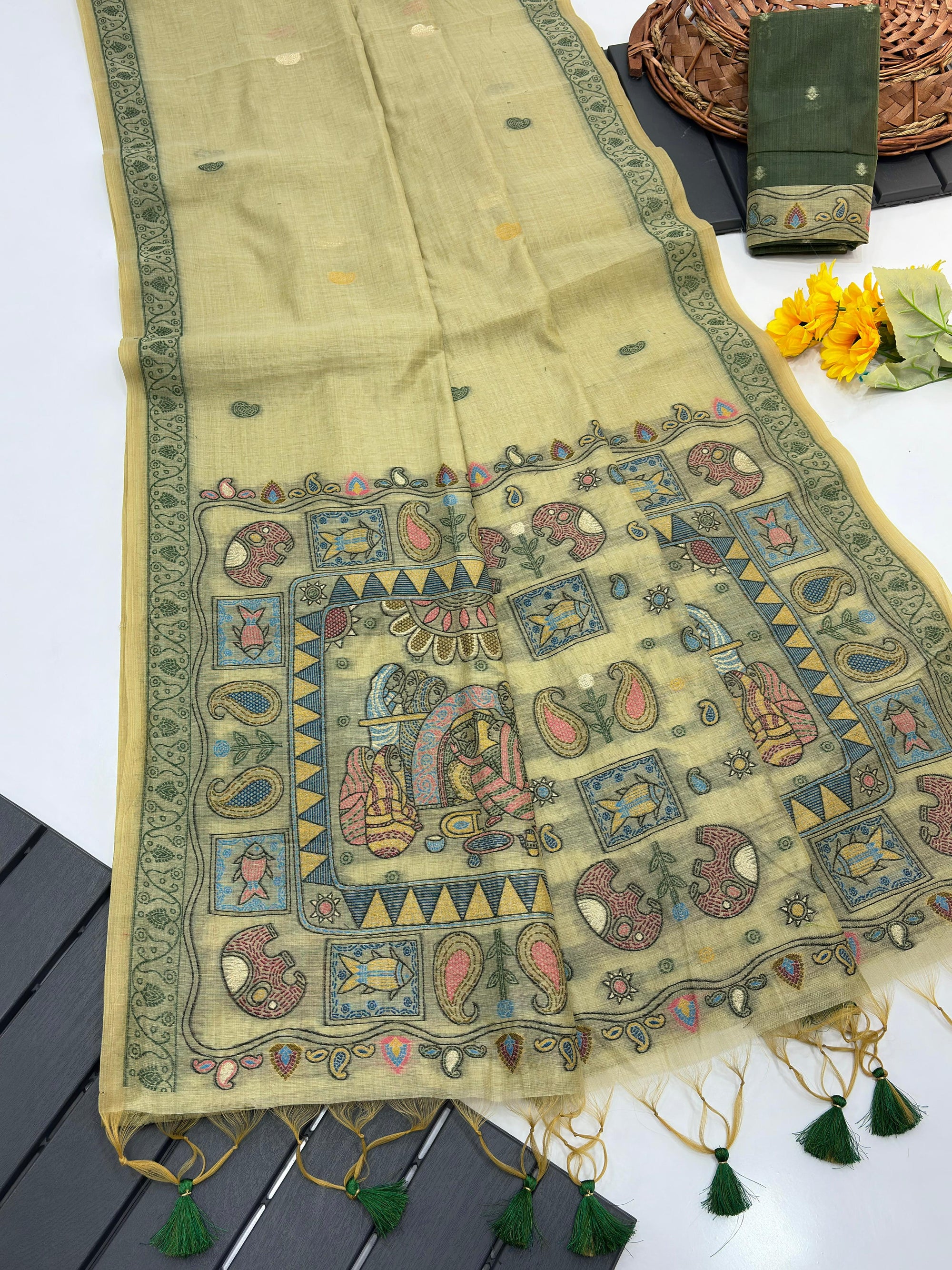 Green Pure Muga Silk Saree with Madhubani Weave