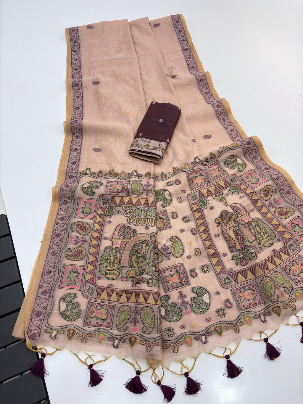 Peach Pure Muga Silk Saree with Madhubani Weave