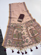 Peach Pure Muga Silk Saree with Madhubani Weave