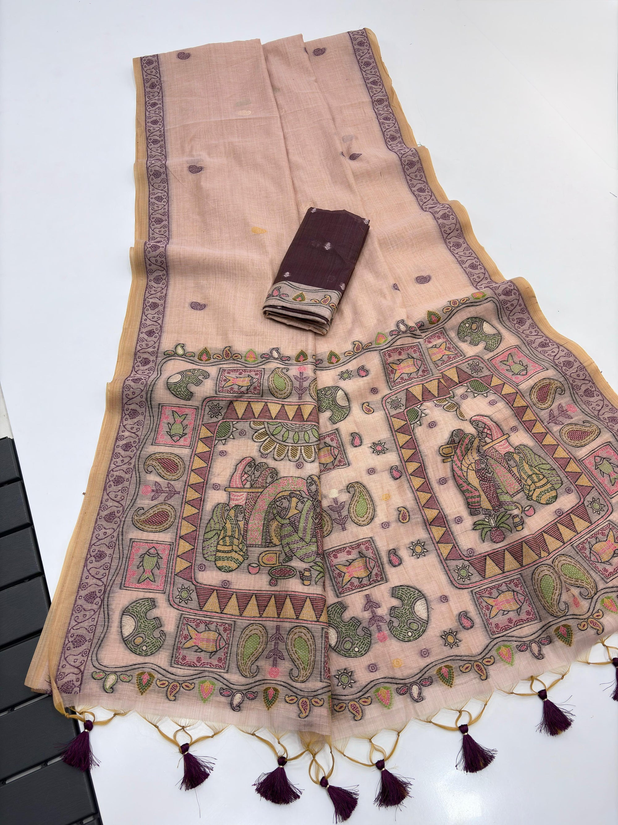 Peach Pure Muga Silk Saree with Madhubani Weave