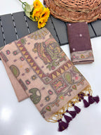 Peach Pure Muga Silk Saree with Madhubani Weave