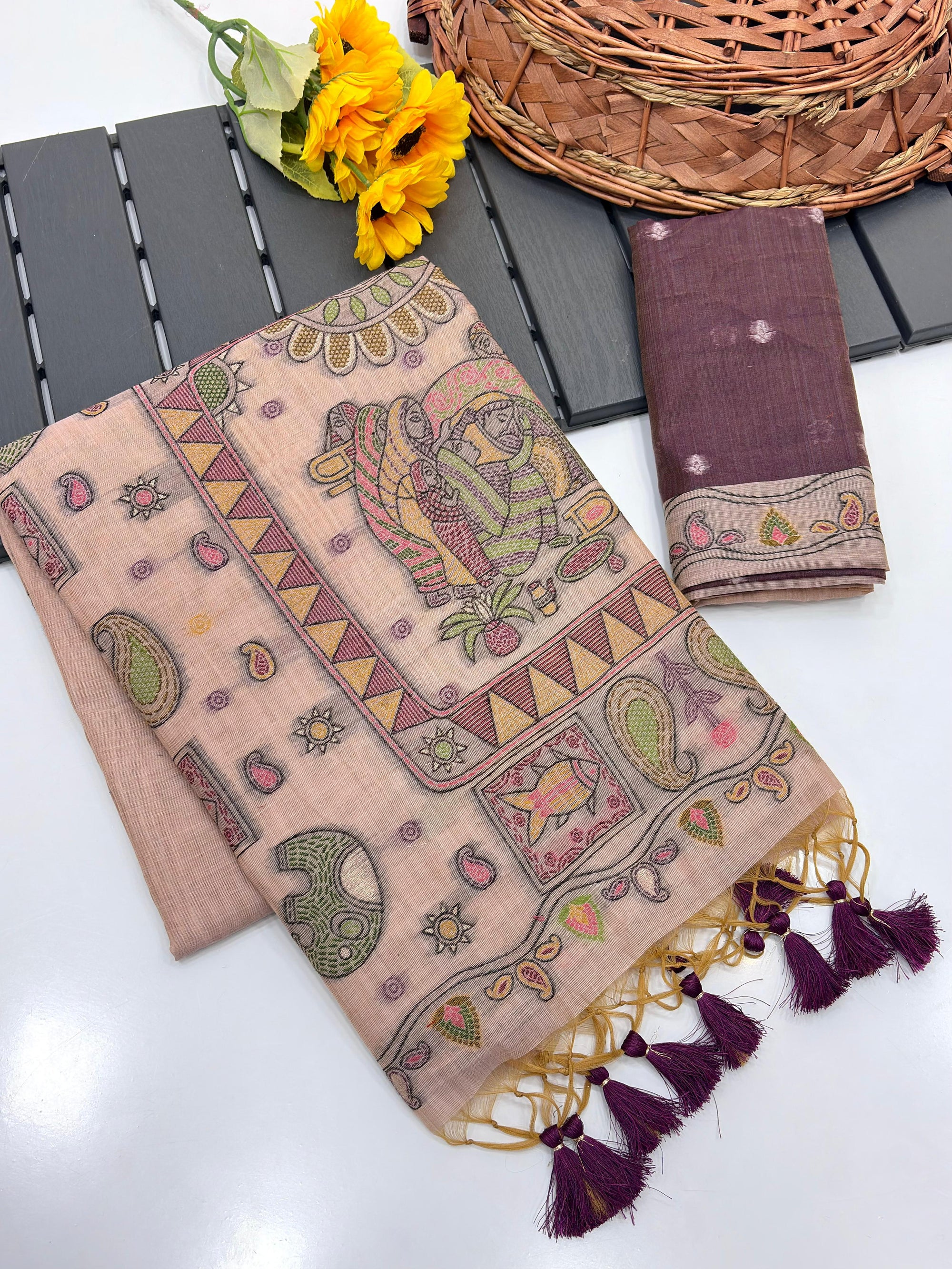 Peach Pure Muga Silk Saree with Madhubani Weave
