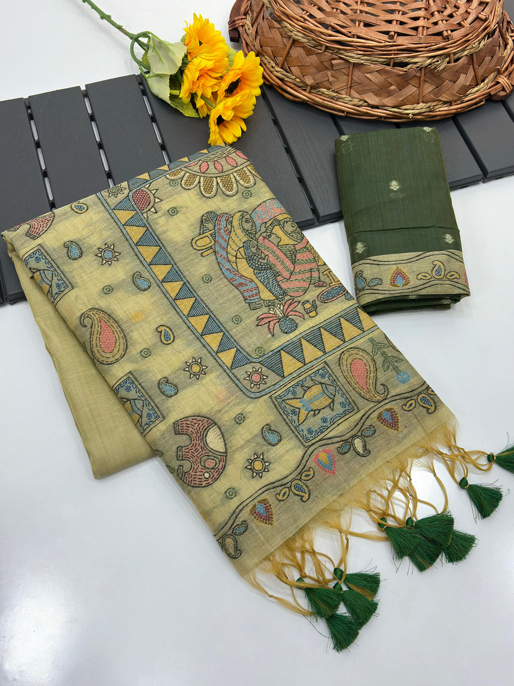 Green Pure Muga Silk Saree with Madhubani Weave