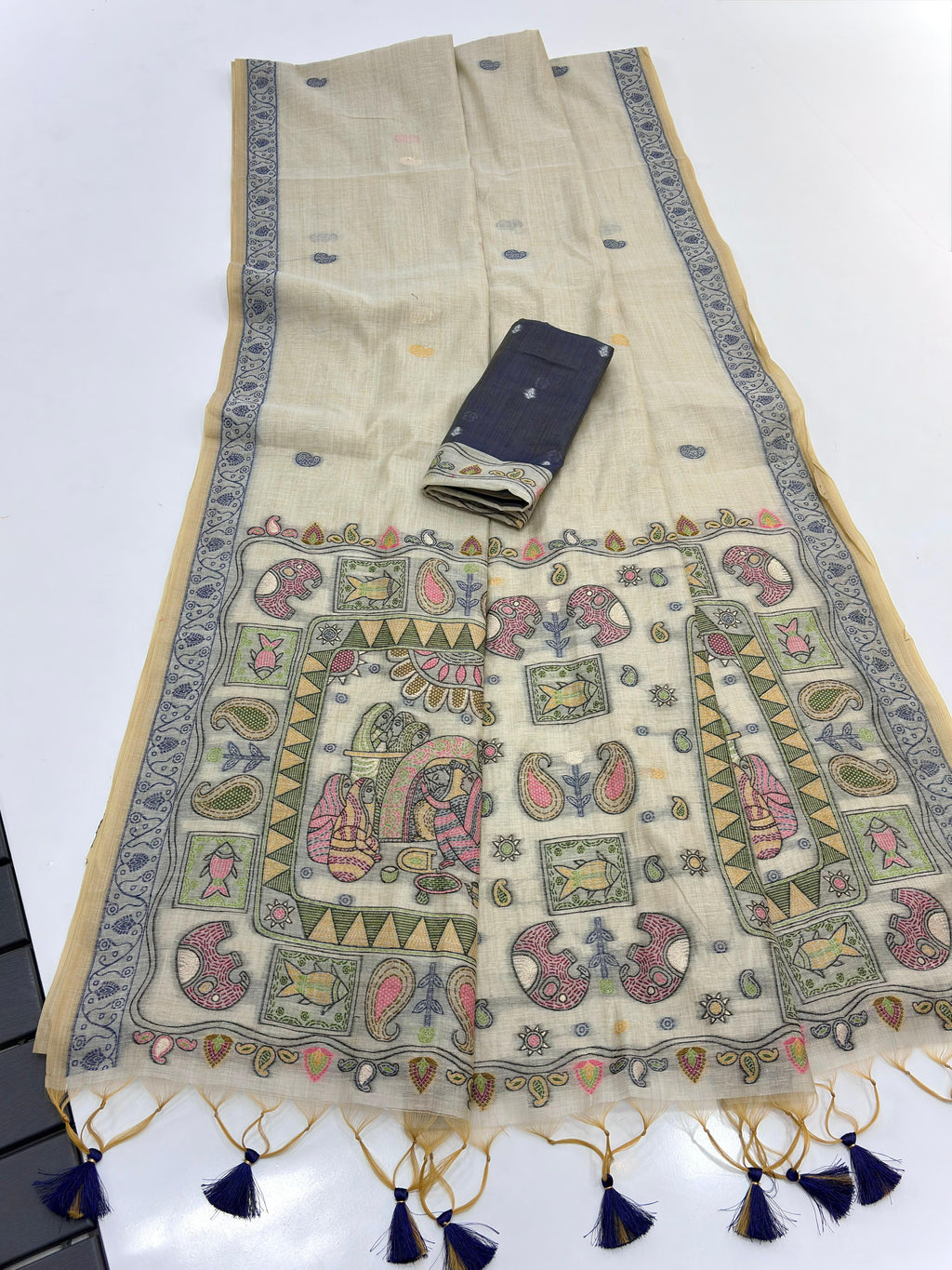 Ivory Pure Muga Silk Saree with Madhubani Weave
