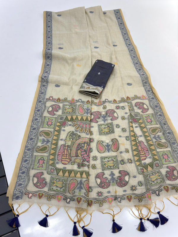 Ivory Pure Muga Silk Saree with Madhubani Weave