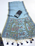 Blue Pure Muga Silk Saree with Madhubani Weave