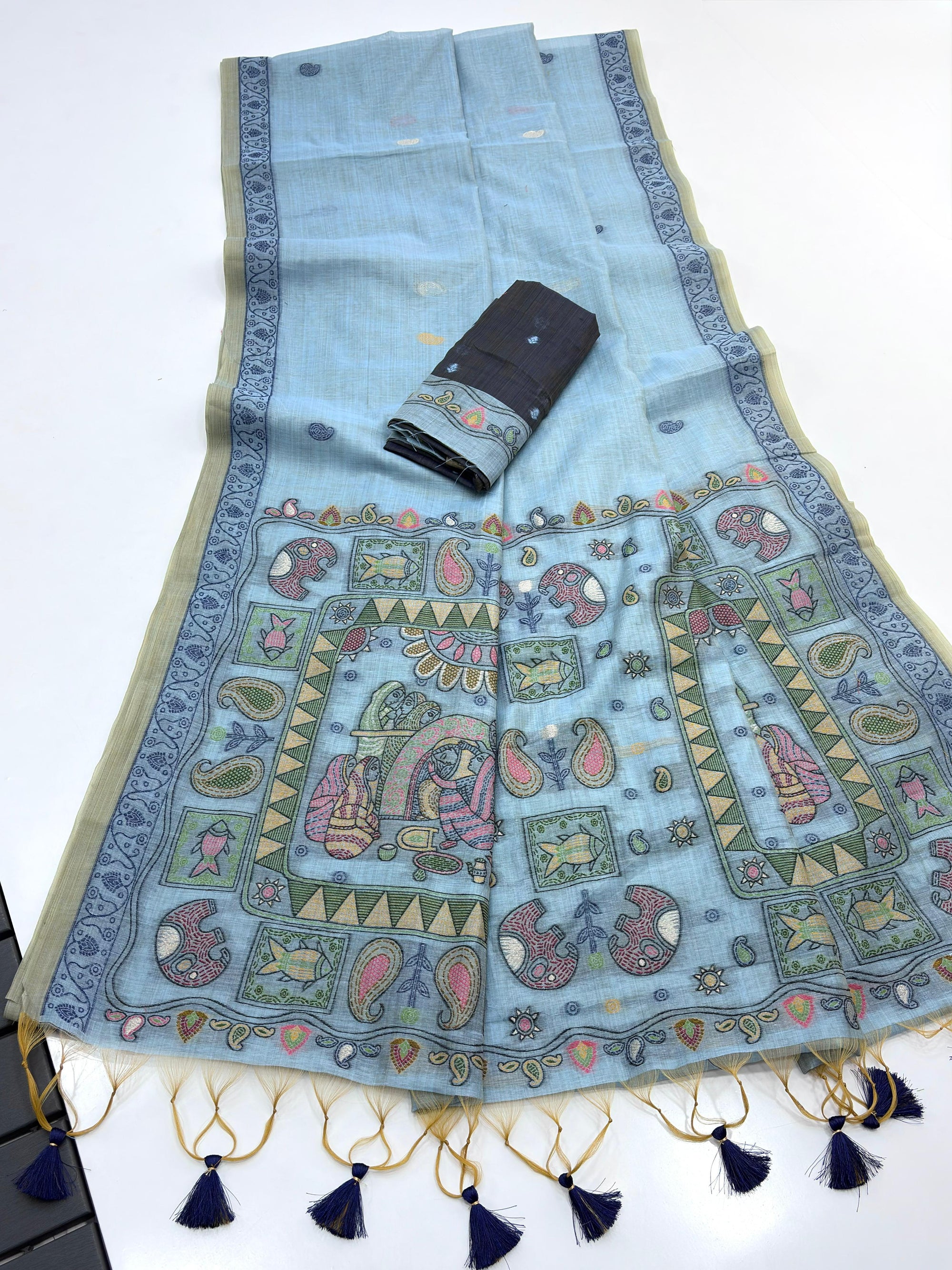 Blue Pure Muga Silk Saree with Madhubani Weave