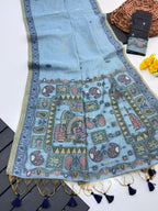 Blue Pure Muga Silk Saree with Madhubani Weave