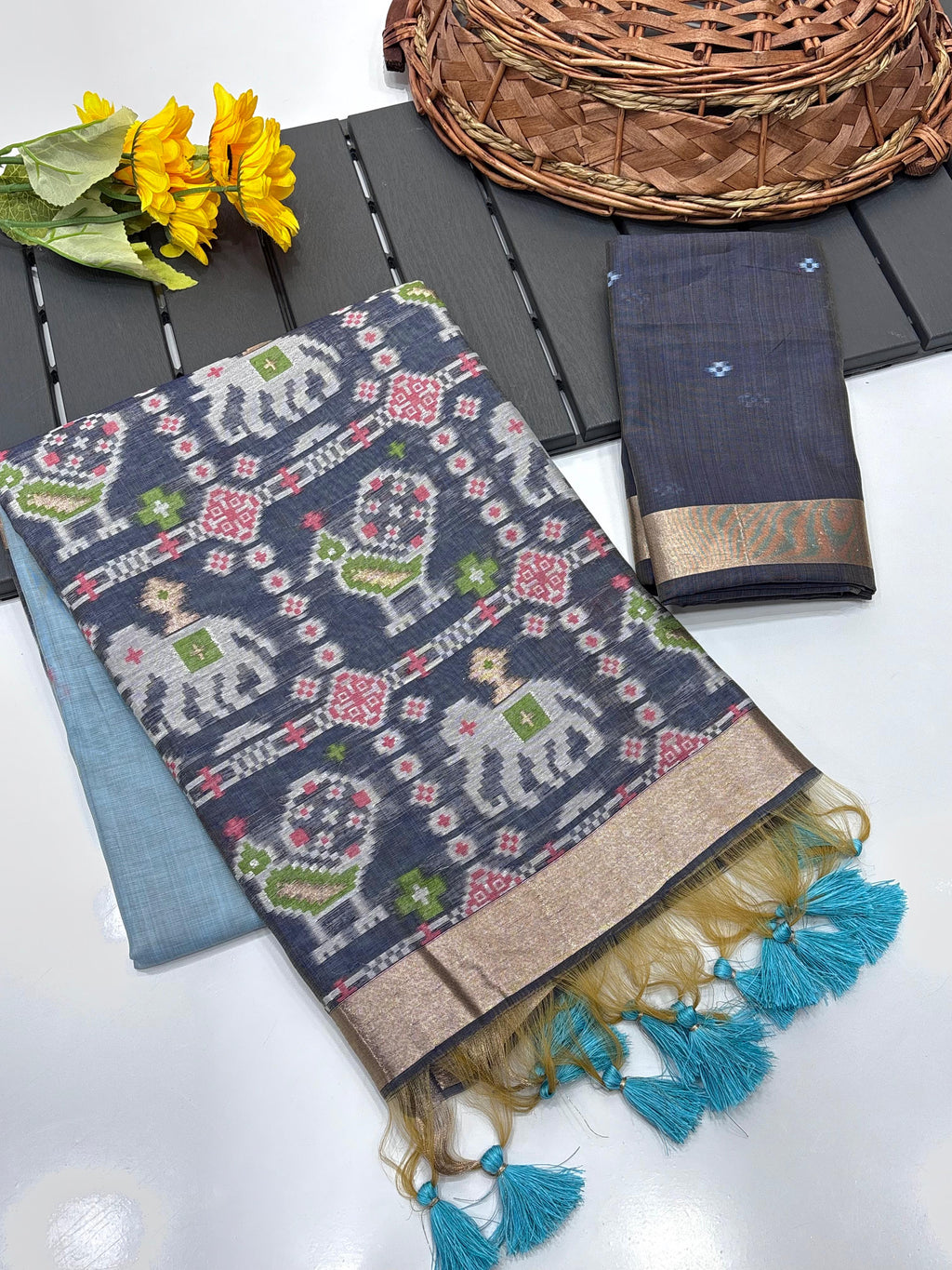 Blue Pure Muga Silk Saree with Patola Weave