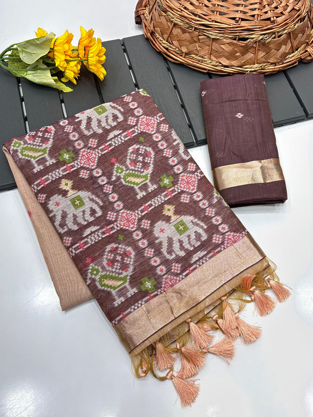 Peach Pure Muga Silk Saree with Patola Weave