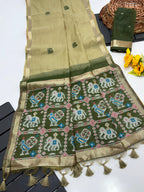 Green Pure Muga Silk Saree with Patola Weave