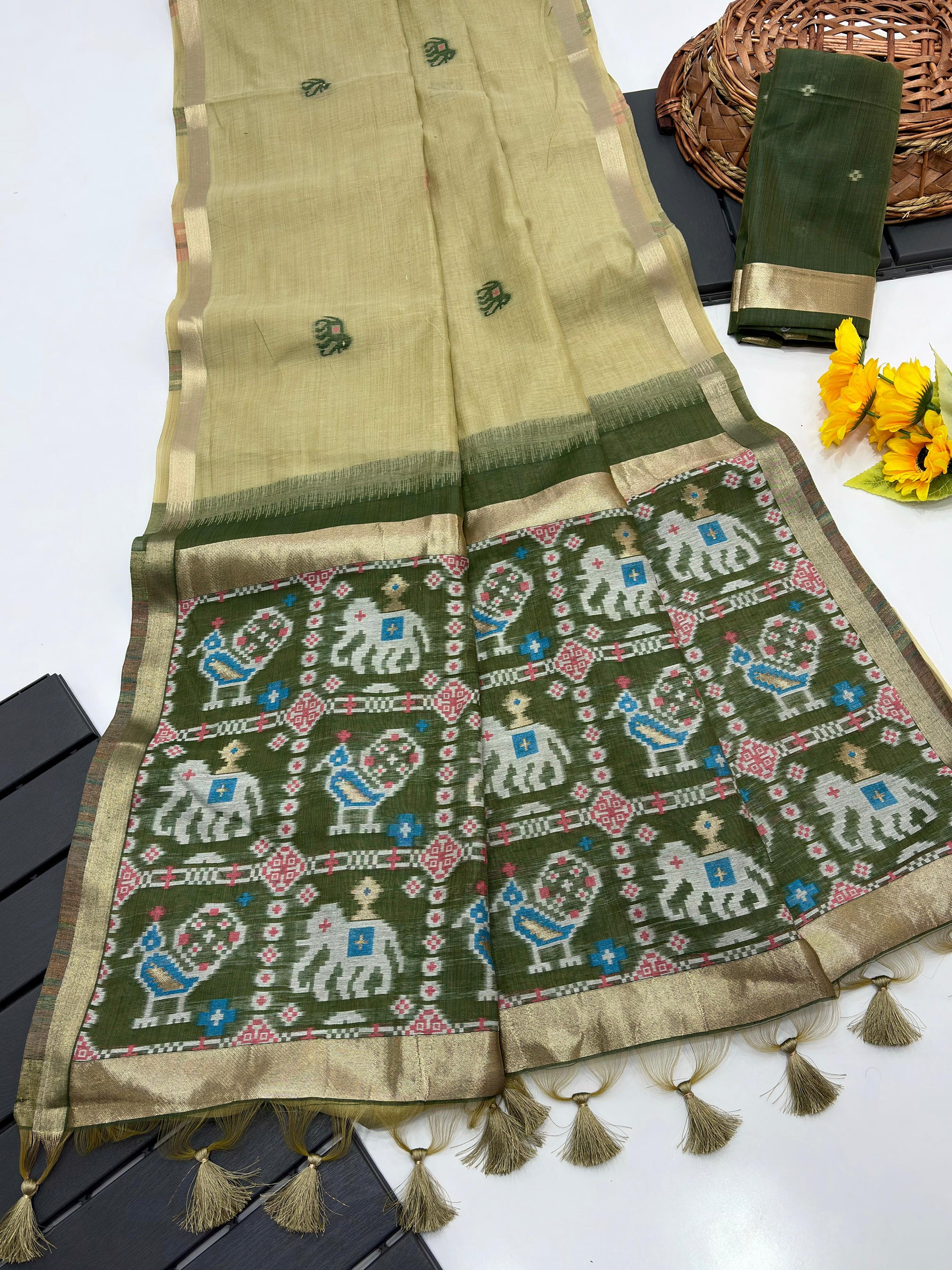 Green Pure Muga Silk Saree with Patola Weave